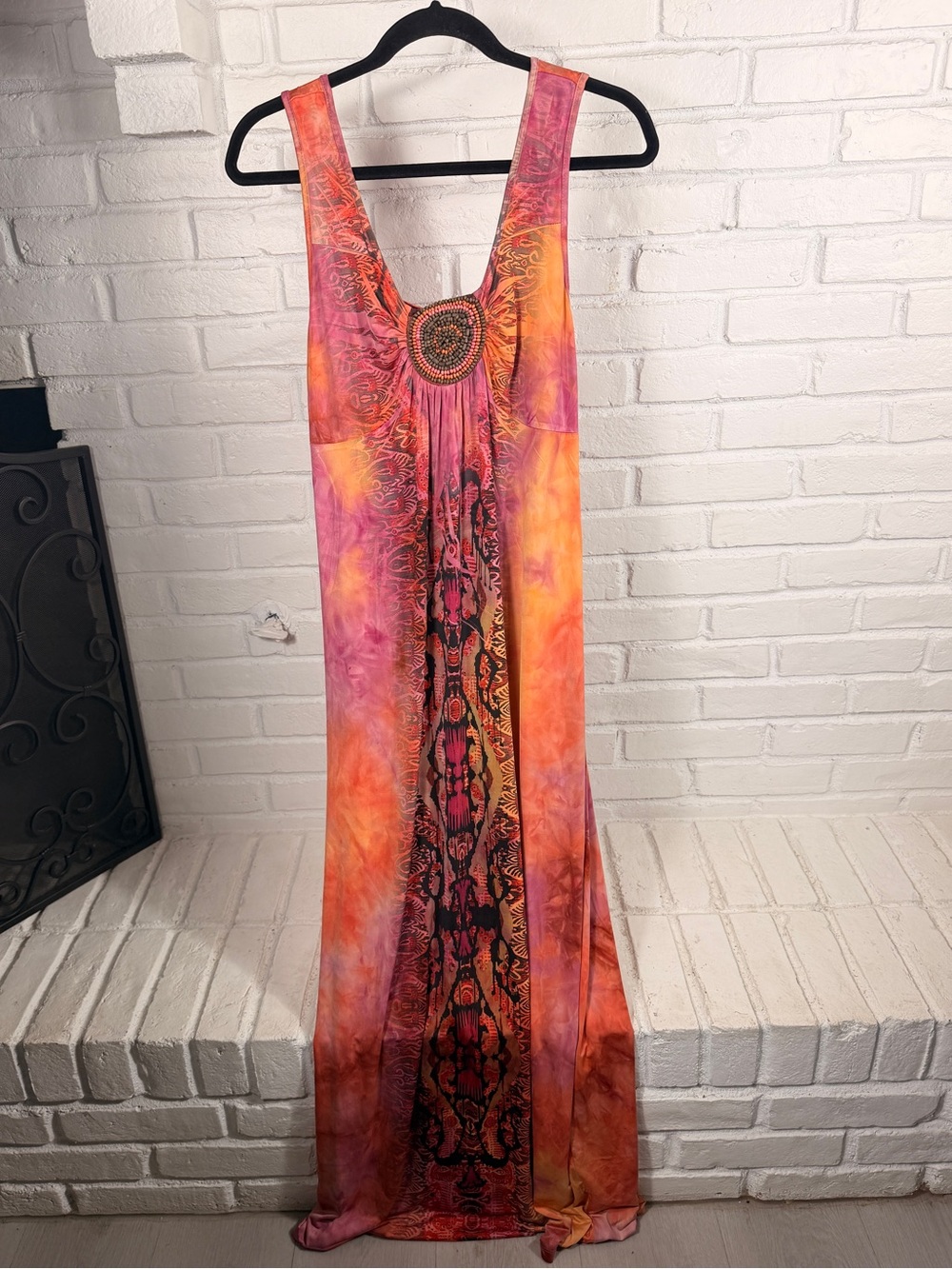 One World Womens Maxi Dress Medium Orange Pink Beaded Boho Sleeveless